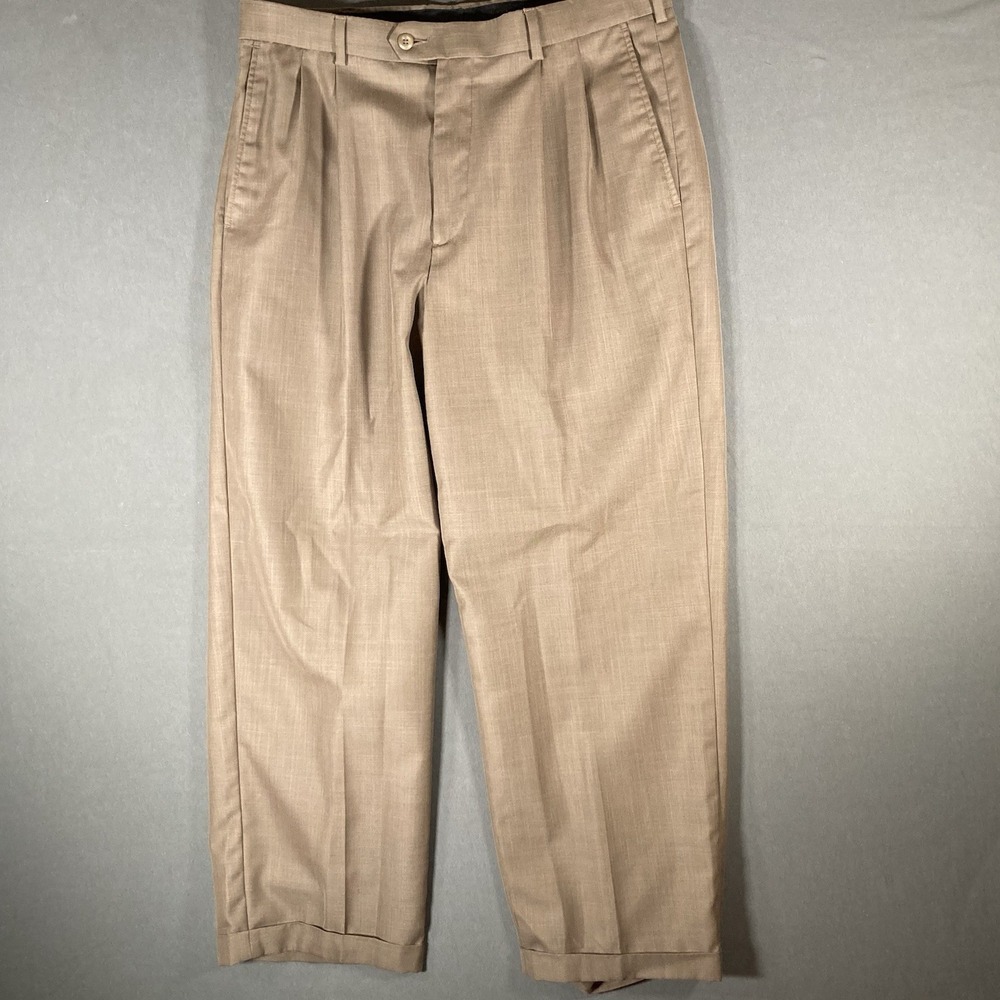 Perry Ellis Mens Dress Pants Brown Pleated Cuffed 33x28 Classic Fit